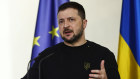 Ukrainian President Volodomyr Zelensky speaks at the joint press conference with German Chancellor Olaf Scholz at the Chancellery on February 16, 2024 in Berlin, Germany.