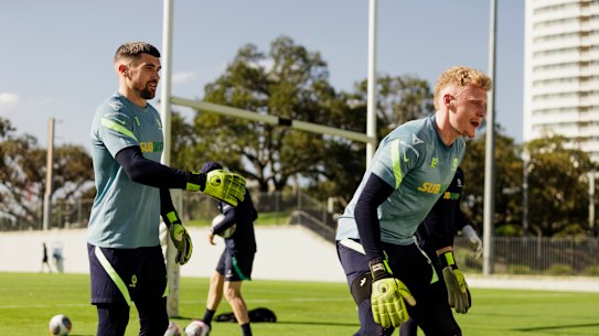 Socceroos captain Maty Ryan and fellow goalkeeper Tom Glover train at the NSWRL headquarters in Olympic Park.
