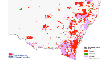 NSW Primary Industries' map showing how all species of deer spread in the seven years to 2016. 
