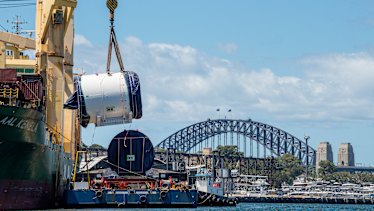 Tunnel boring machine Kathleen being assembled at the site of the new Barangaroo metro station before she started tunnelling under the harbour.