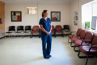 Nurse practitioner Alyssa Simmons stands inside the empty waiting room at the Delta Health Centre in Indianola, Mississippi. 