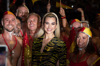 Dua Lipa, centre, was one of the headline acts at the Mardi Gras after-party.