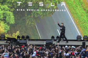 Elon Musk arrives at an open house for the Tesla Gigafactory in Gruenheide last month.