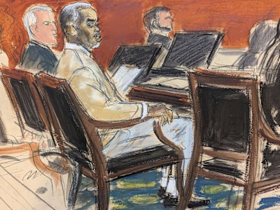 Sean “Diddy” Combs (second from left) watches as Judge Arun Subramanian speaks to the jury, depicted in a sketch by a court artist.