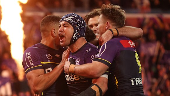 Jahrome Hughes celebrates a try in the Storm’s preliminary final win over Cronulla.