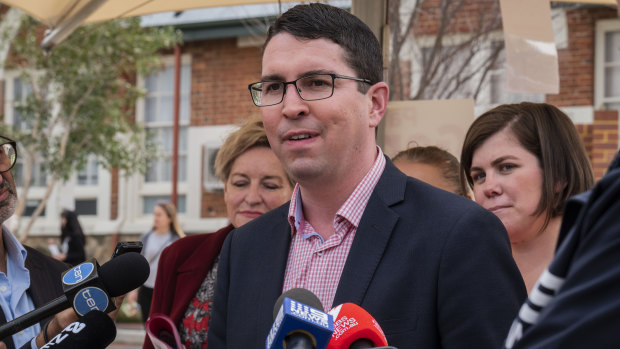 Labor candidate for Perth Patrick Gorman speaks to the media at the Highgate polling station on election day in Perth.