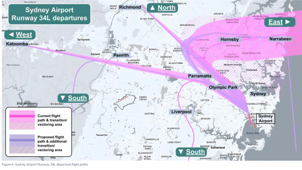 Flight paths from Syndey Airport’s main north-south runway.