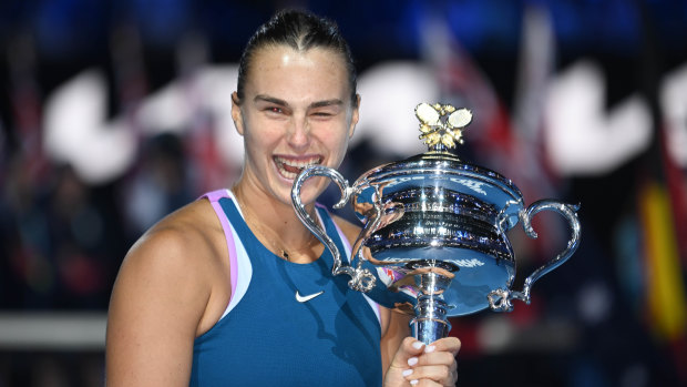 An ecstatic Aryna Sabalenka with the Daphne Akhurst Memorial Cup.