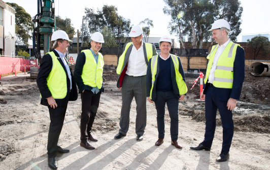 From left, Greg Paramor, Alex Thorpe, Ben Dodwell, Rhys Williams, Sean Wilson at a building site for a new Veriu hotel in Alexandria, Sydney.