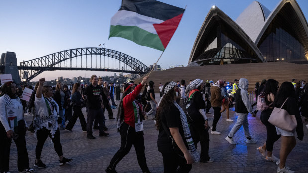 Pro-Palestinian demonstrators at the Sydney Opera House on October 9.