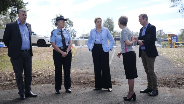 Queensland Police Minister Mark Ryan, Police Commissioner Katarina Carrol, Premier Annastacia Palaszczuk, Youth Justice Minister Di Farmer and Youth Justice director-general Bob Gee at the site of a new youth remand centre to be built at Wacol.