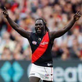 Anthony McDonald-Tipungwuti celebrates his goal against Hawthorn.
