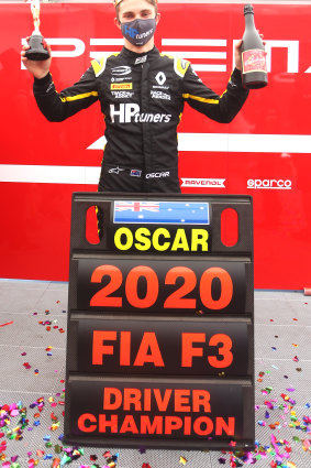 Oscar Piastri celebrates his F3 title in 2020.