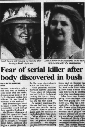 Fear of a serial killer after body discovered in bush - The Age, page six, 1996.