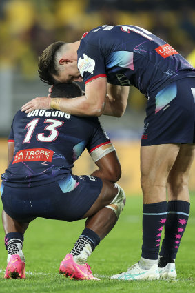 Rebels players Filipo Daugunu and Lachie Anderson at the club’s final match whistle in June.
