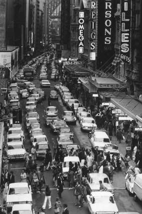 Traffic jan in the city during late night shopping in Sydney.