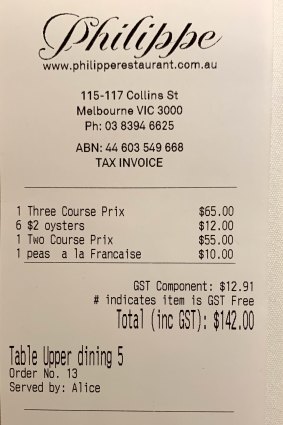 The bill for lunch at Philippe restaurant with Erik Thomson.  