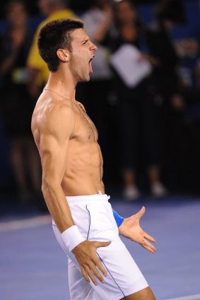 Novak Djokovic celebrates his Australian Open win over Rafael Nadal in 2012.