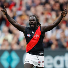 Anthony McDonald-Tipungwuti celebrates his goal against Hawthorn.