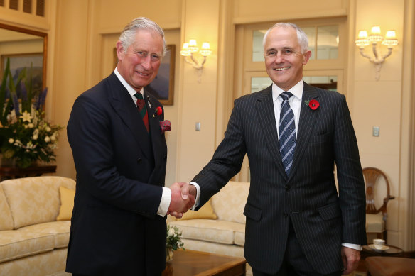 King Charles, then Prince of Wales, with Malcolm Turnbull, then prime minister, in Canberra in 2015.