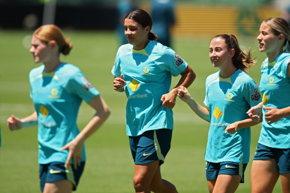 Sam Kerr trains with the Matildas in Perth on Wednesday.