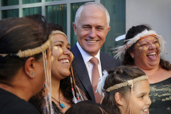 Then prime minister Malcolm Turnbull with Ngunnawal elders at an Indigenous function at Parliament House in February 2017.