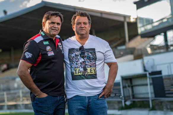 Nicky Winmar and Wayne Ludbey, the photographer who took the iconic photo, together in 2018.