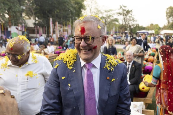 Prime Minister Anthony Albanese during a Holi celebration at Raj Bhavan, in Ahmedabad, India.