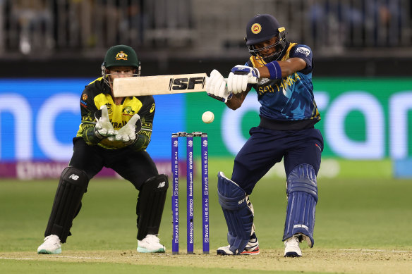 Sri Lanka’s Pathum Nissanka bats against Australia.