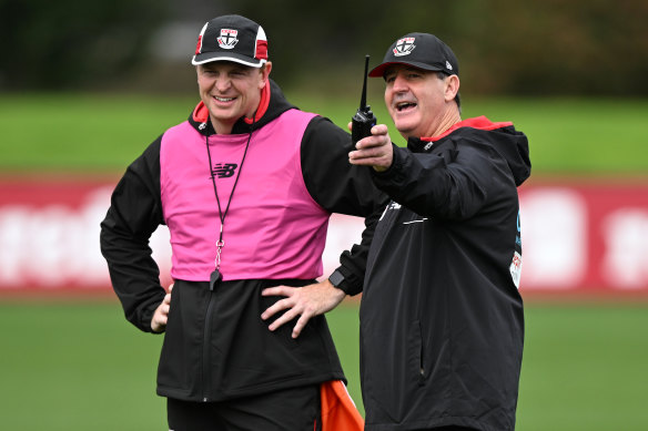 Ross Lyon with his former player Brendon Goddard, now St Kilda’s assistant coach.