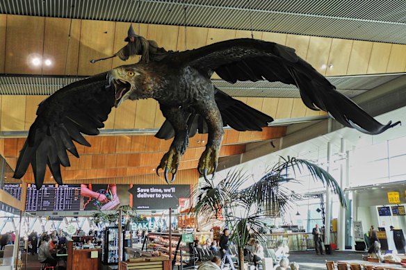 The giant sculpture of wizard Gandalf from The Hobbit riding an eagle. 