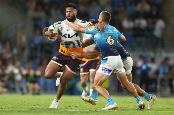 Payne Haas in action during the Broncos round 7 win at Cbus Super Stadium.