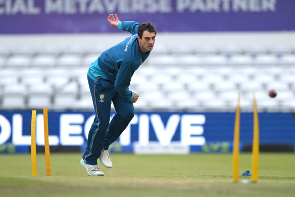Pat Cummins in bowling action during Australia nets ahead of the third Ashes Test match at Headingley.