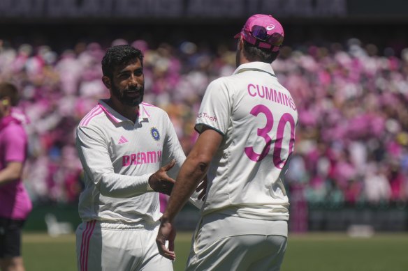 Indian superstar Jasprit Bumrah congratulates Australian skipper Pat Cummins on the Border-Gavaskar series win.
