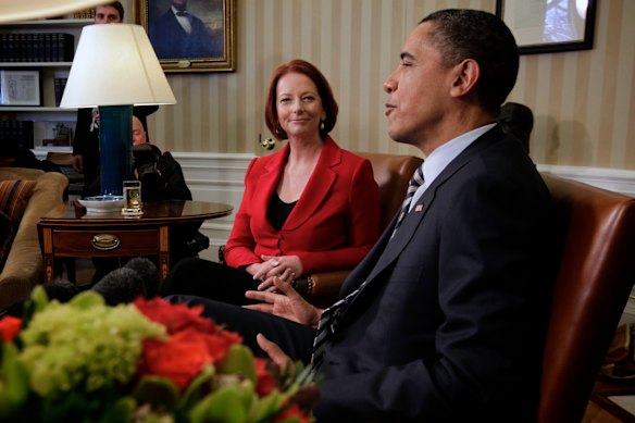Julia Gillard and Barack Obama chat after a meeting in the Oval Office of the White House in 2011.