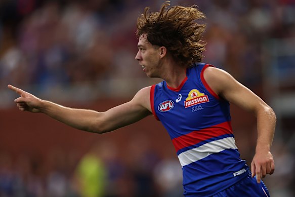 Jordan Croft celebrates after kicking a goal against Hawthorn.