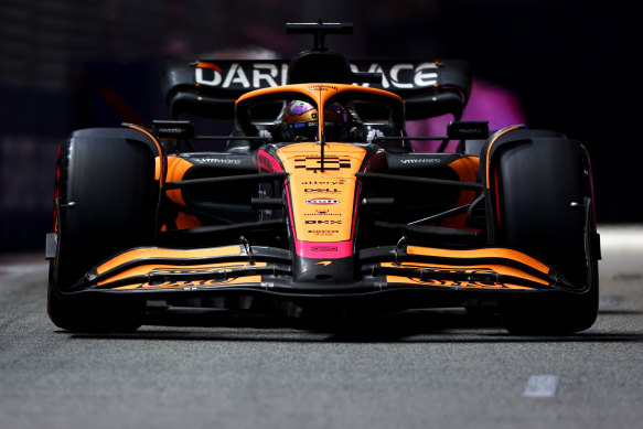 The McLaren of Daniel Ricciardo in Singapore on Sunday night.