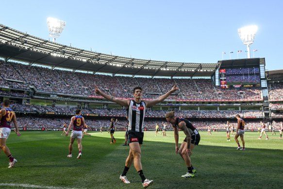 Brody Mihocek celebrates en route to Collingwood victory.