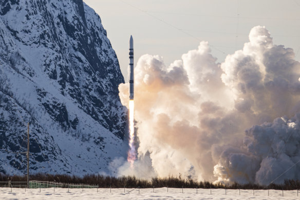 Isar Aerospace test rocket “Spectrum” lifts off on Andøya island, Norway, on Sunday.