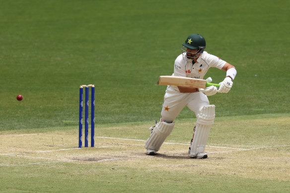 Agha Salman of Pakistan plays a shot during day three of the Men’s First Test match between Australia and Pakistan at Optus Stadium on December 16, 2023 in Perth, Australia 
