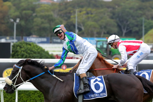 Luke Nolen salutes after I Wish I Win gets up the TJ Smith Stakes.