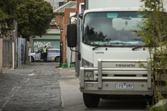 Police in Ripponlea outside a synagogue on Tuesday.