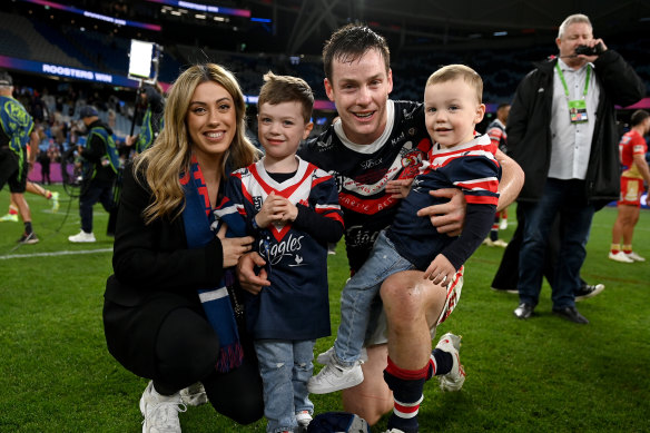 Luke Keary with his partner Amy and  sons Hudson (left) and Brodie.