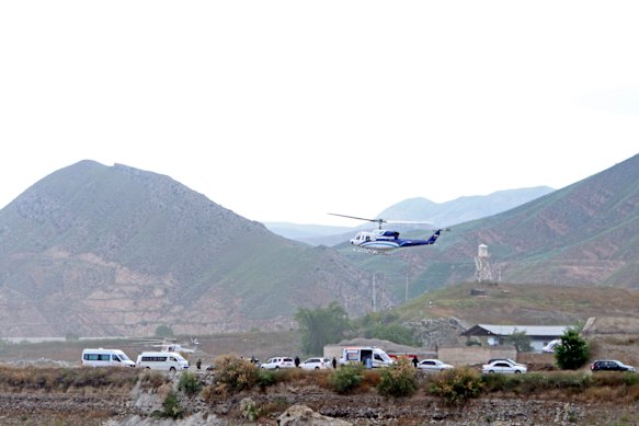 In this photo provided by Islamic Republic News Agency (IRNA), a helicopter carrying Iranian President Ebrahim Raisi takes off near the border with Azerbaijan. The helicopter was later reported to have crashed.