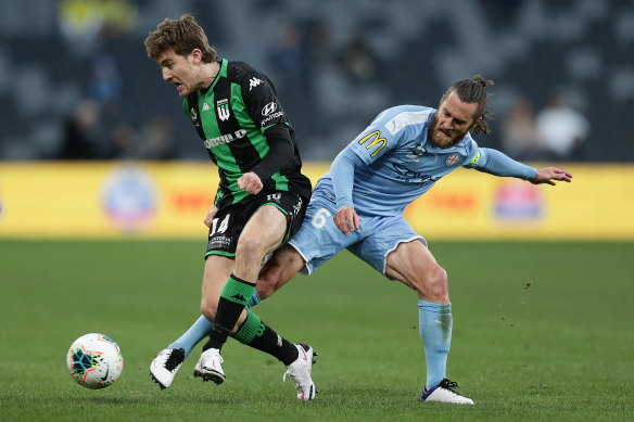 Melbourne City's Josh Brillante in action against Western United  in Wednesday's semi-final. He says Sunday's grand final against Sydney FC will be a physical battle.