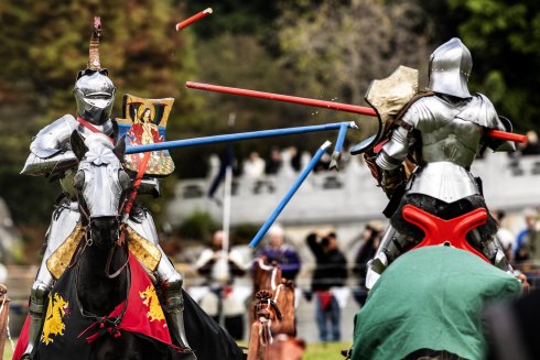 Fayre play: Rodney jousts with wife Liberty at Blackdown City Medieval Fayre in Sydney.