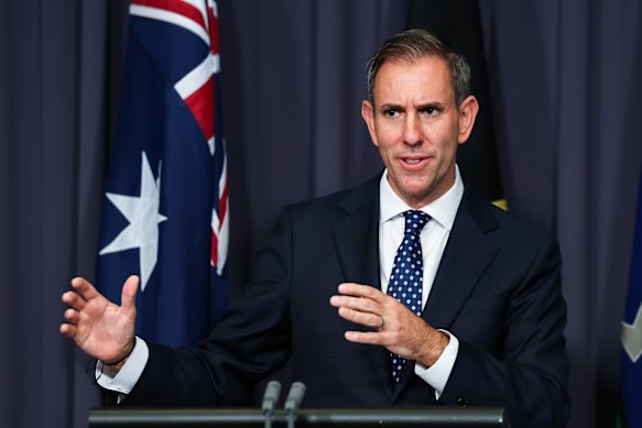 Treasurer Jim Chalmers during a press conference at Parliament House in Canberra today. 
