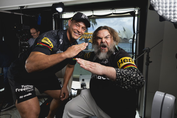 Jack Black wore a Penrith jersey when interviewed by Scott Sorensen.