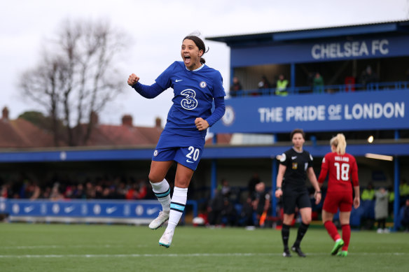 Kerr celebrates one of her three goals against Liverpool in the FA Cup last January - the day before an alleged incident for which she will stand trial next year.