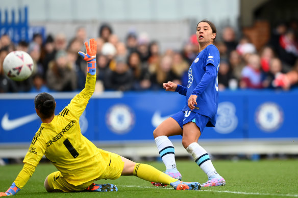 Sam Kerr scores against Arsenal.